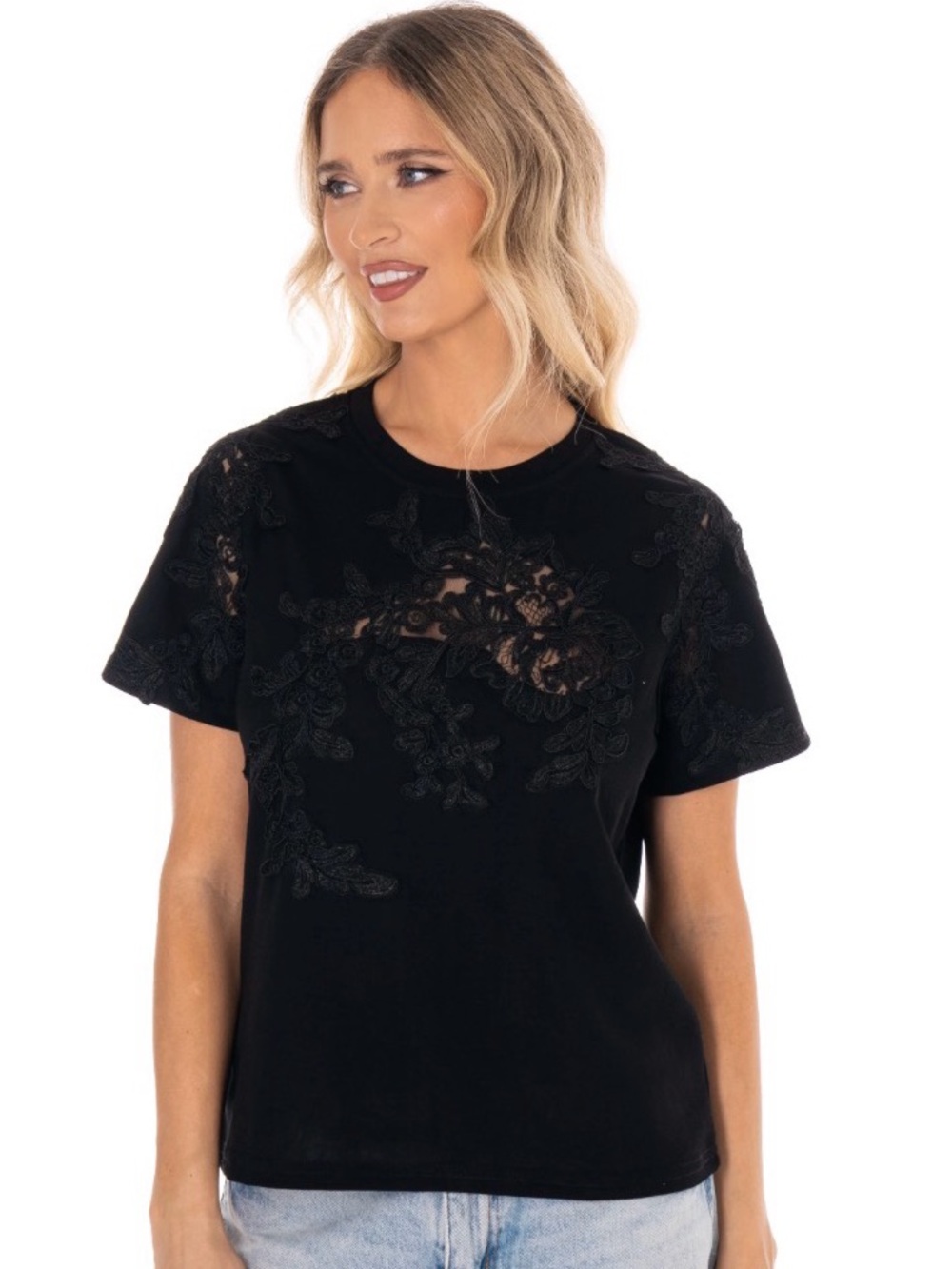 Elegant Lace Floral Knit Tee | Sheer Detail | SM107